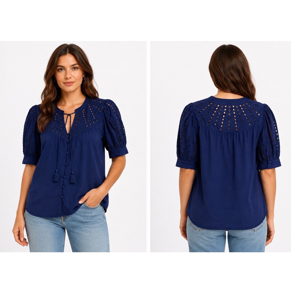 Good Hart by Matilda Jane Tucson  Eyelet Puff Sleeve Blouse Navy S‎ Cottagecore